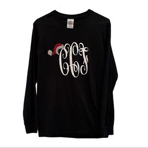 Black Christmas long sleeve t-shirt with Santa Glitter Monogram cCf Size S